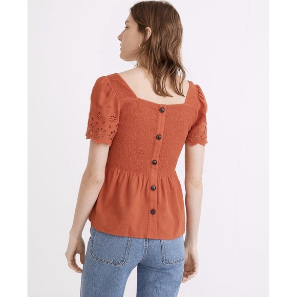 Madewell Eyelet Sleeve Lucie Smocked Peplum Blouse XS Fresh Chili Terracotta - Picture 2 of 12